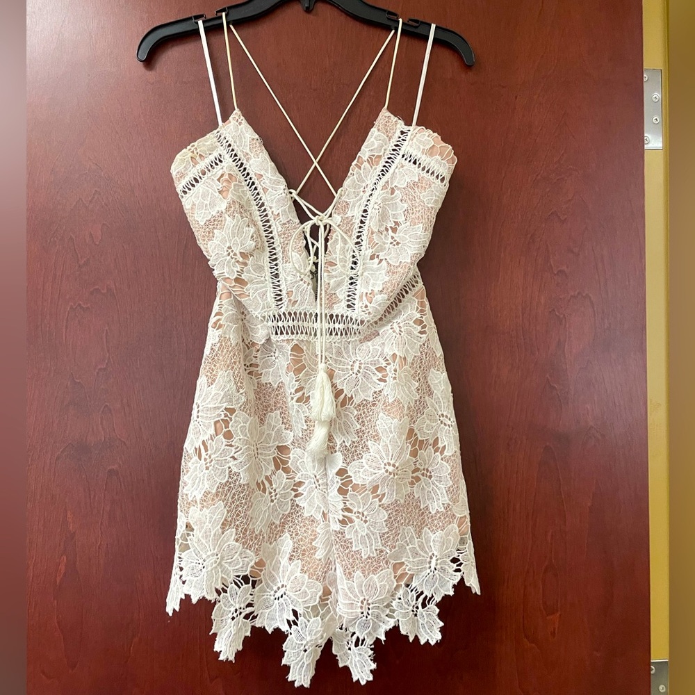 American Threads Cream Lace Romper with Floral Crochet